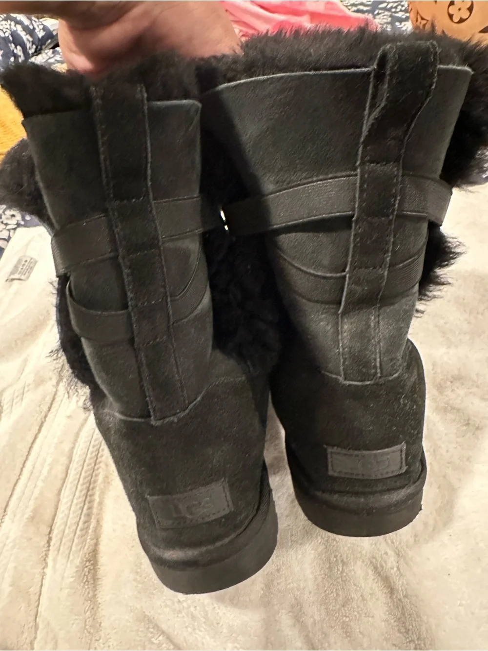 UGG Women's Black Suede Shearling Winter Boots with Side Buckle